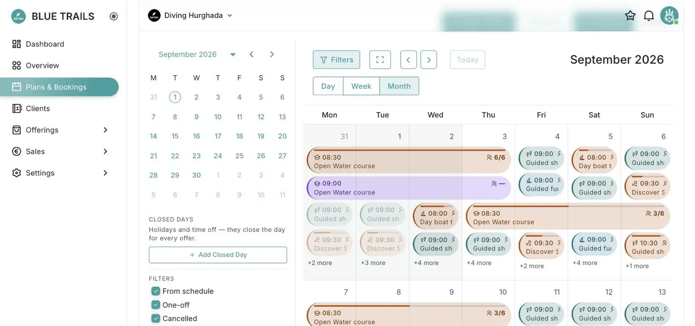 Monthly calendar with the season already scheduled