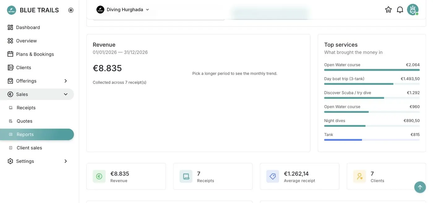 Sales dashboard with revenue and top services