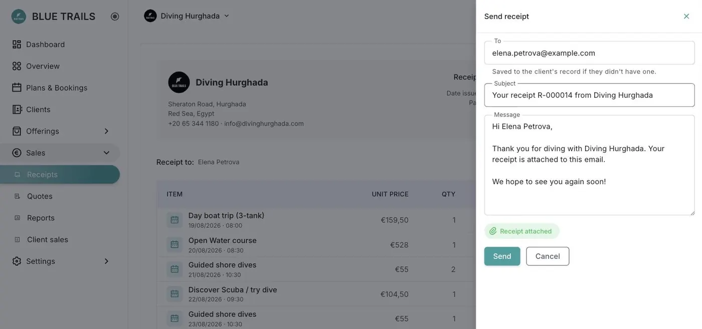 Sending a receipt by email from the portal