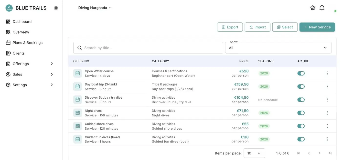Catalogue of dives, courses and rentals with prices