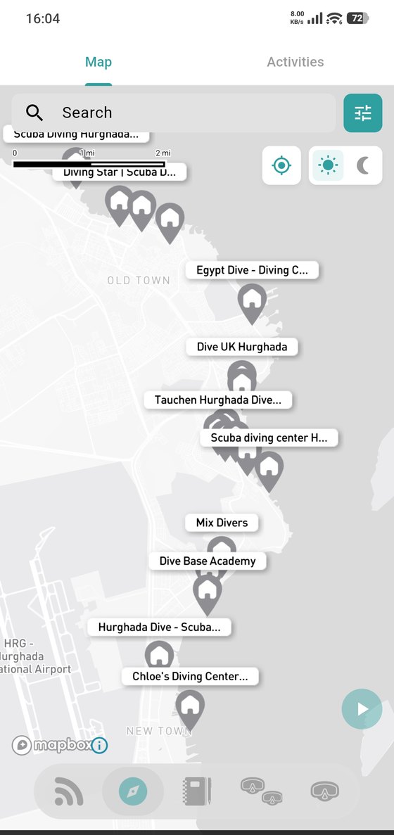 Dive centers on the map