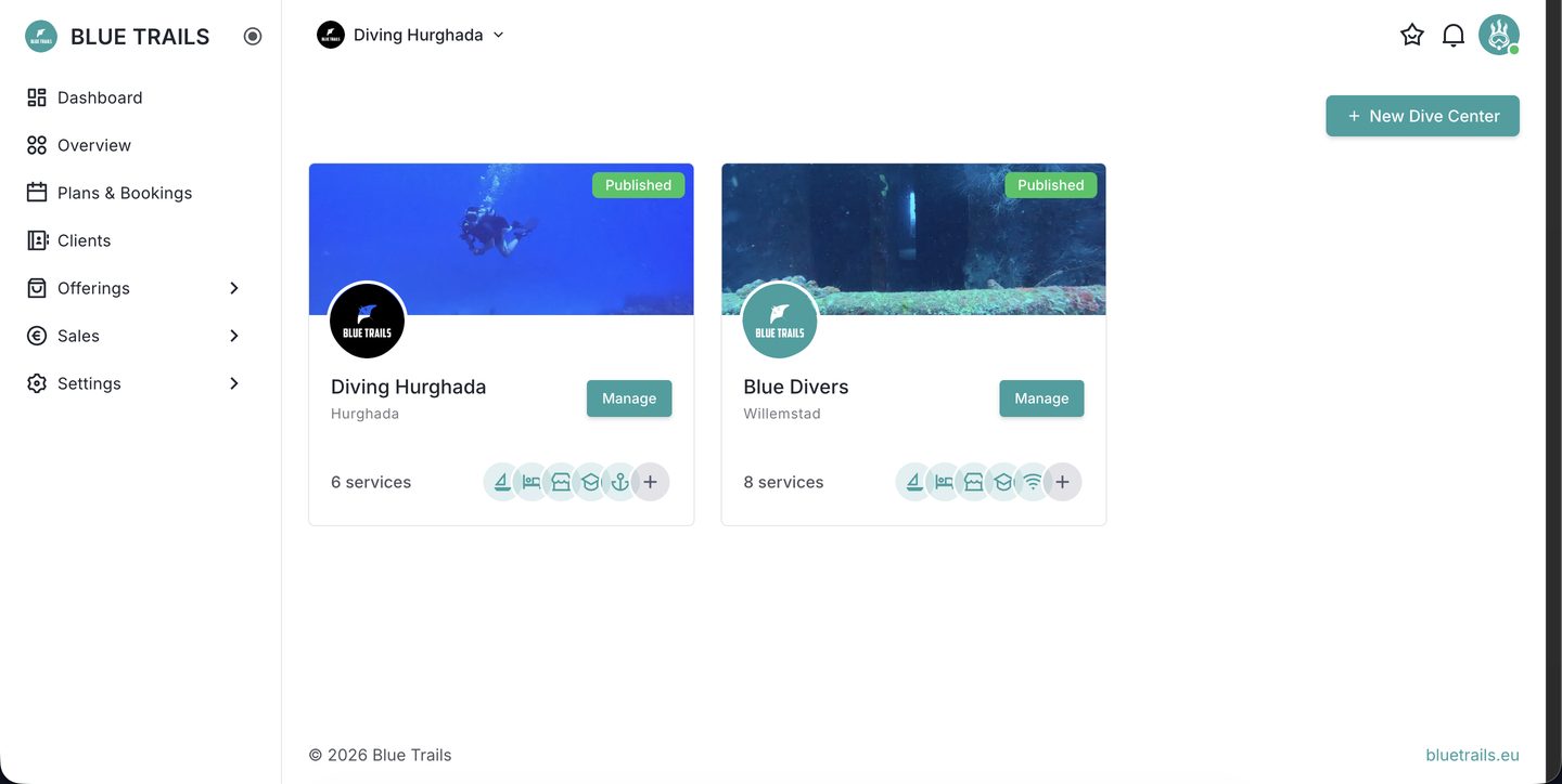 Your dive centers, each with its status