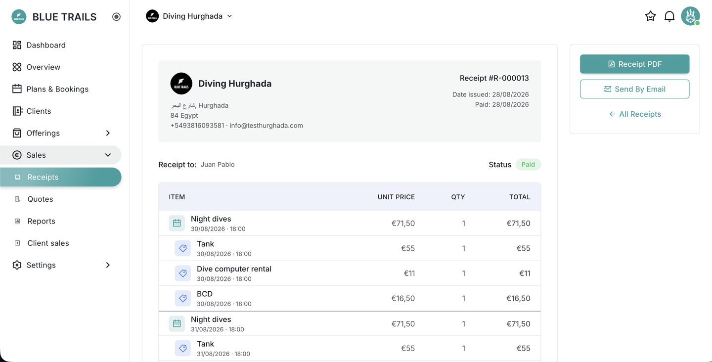 A receipt, with the pending bookings already loaded